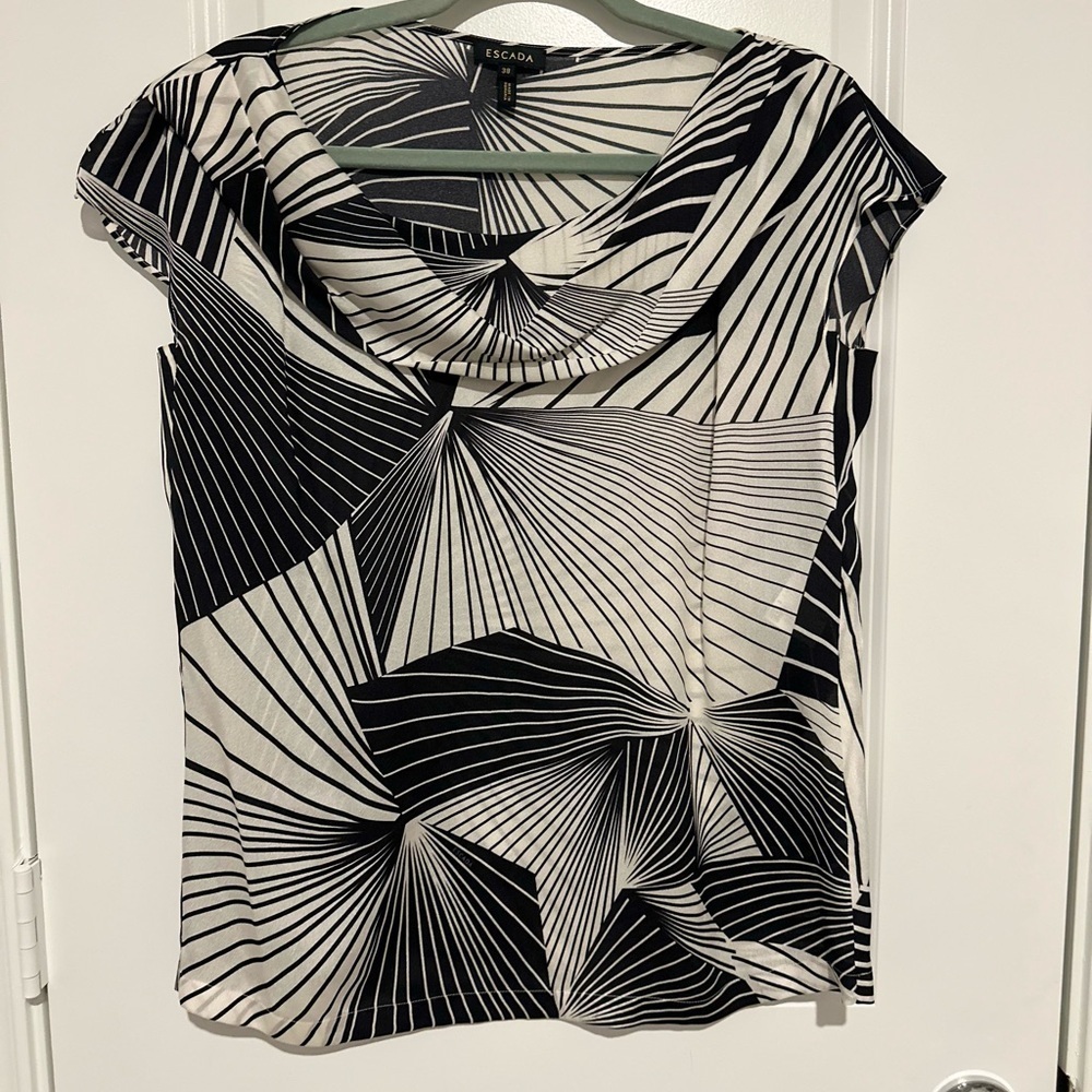 Escada Abstract Striped Short Sleeve Silk Blouse